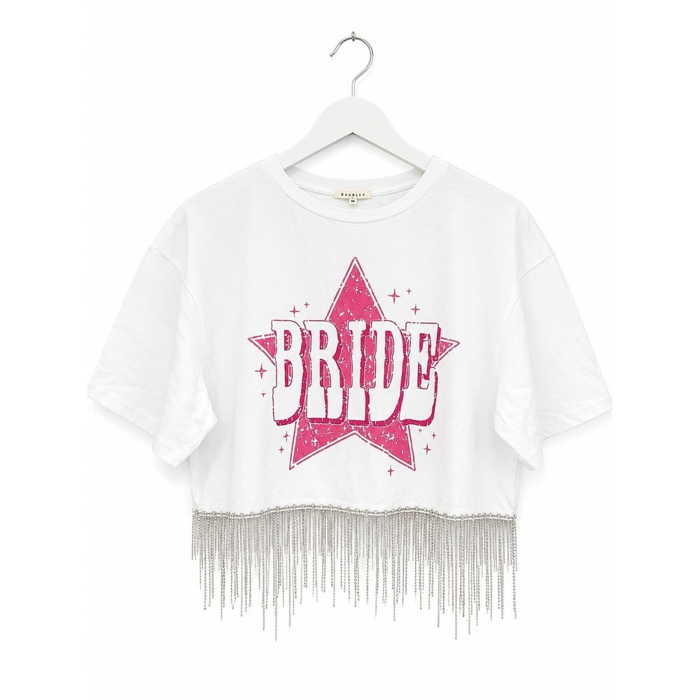 Baublely BRIDE Rhinestone Fringe Crop Tee White Pink Star Graphic Bachelorette M